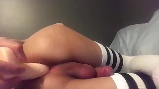 Chicken femboy slut plays with dildo